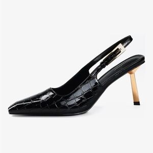 Black Patent Croc Slingback Pumps with Gold Heel - 9.5